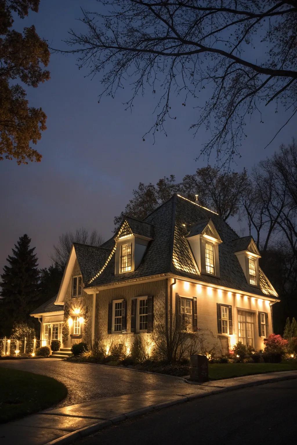 Integrated illumination enhances the spectacle of this mansard roof at night.