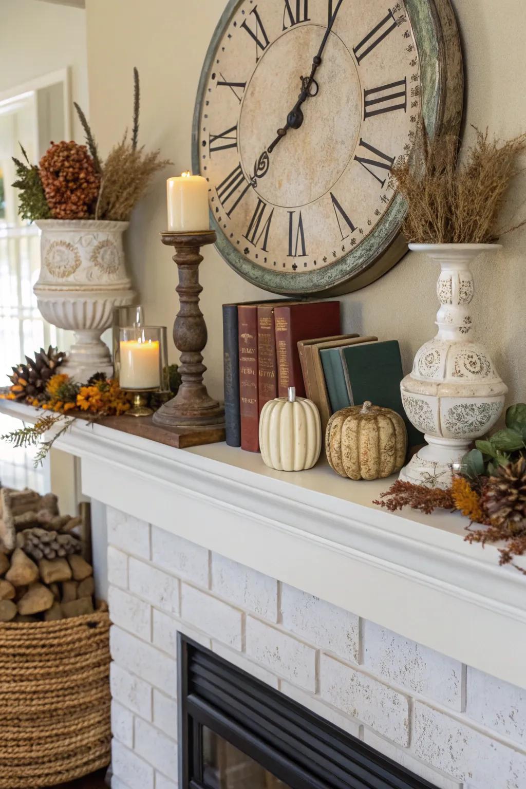 A textured mantel with a mix of materials and a central timepiece.