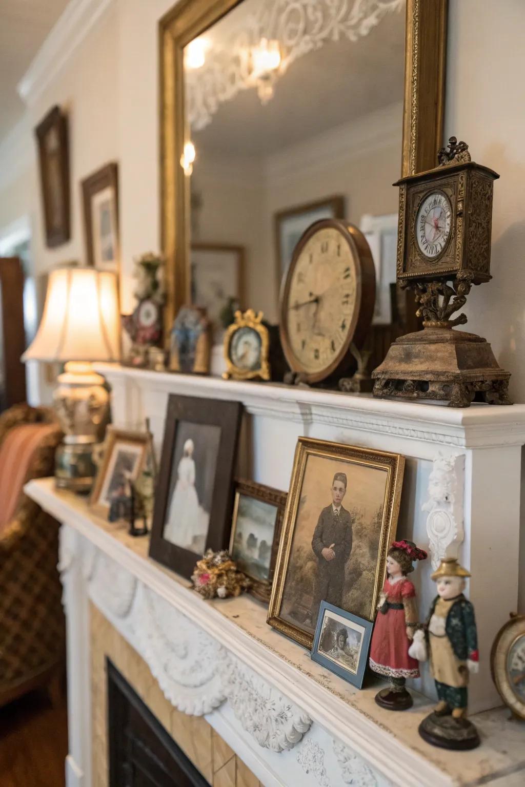 Antiques add a sense of history and elegance to a mantel.