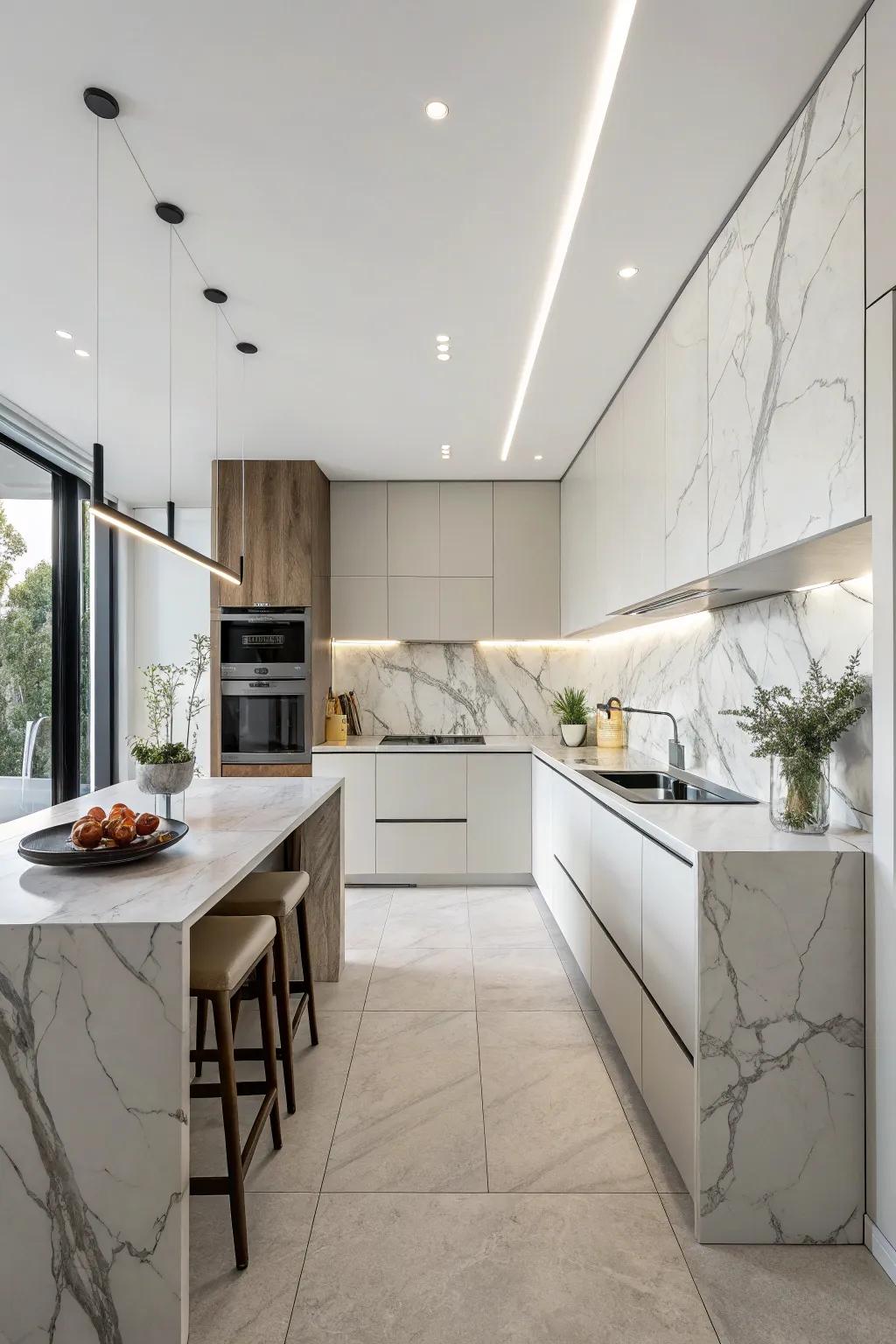 A streamlined cooking area showcases a flat texture marble backsplash.