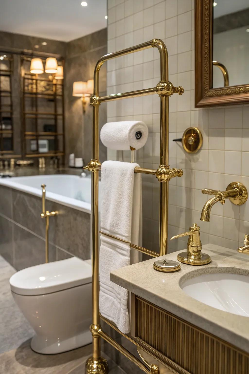 Metallic accents encompassing aurum fixtures for opulence.