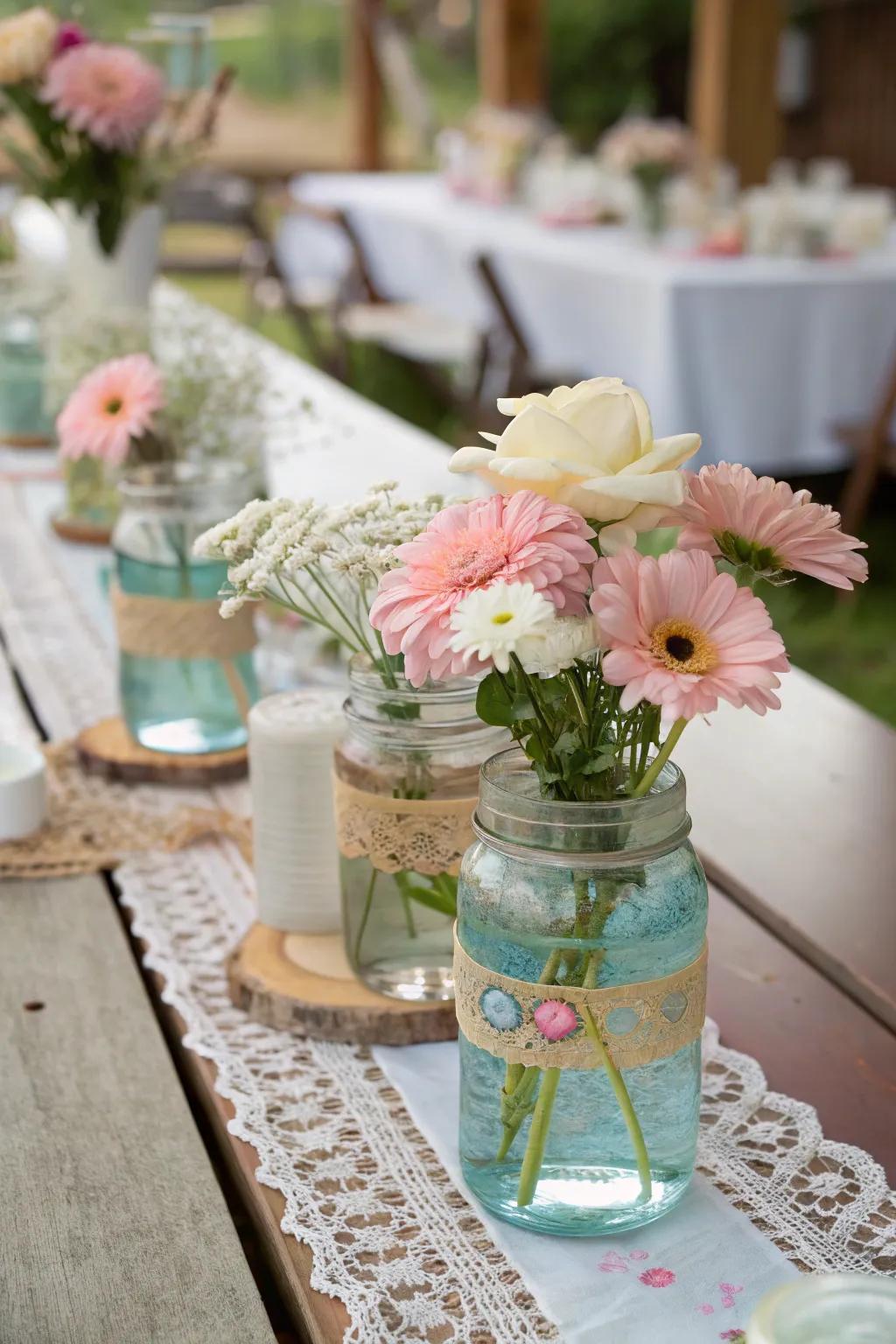 Create a current, whimsical look with floating flowers in antique containers.