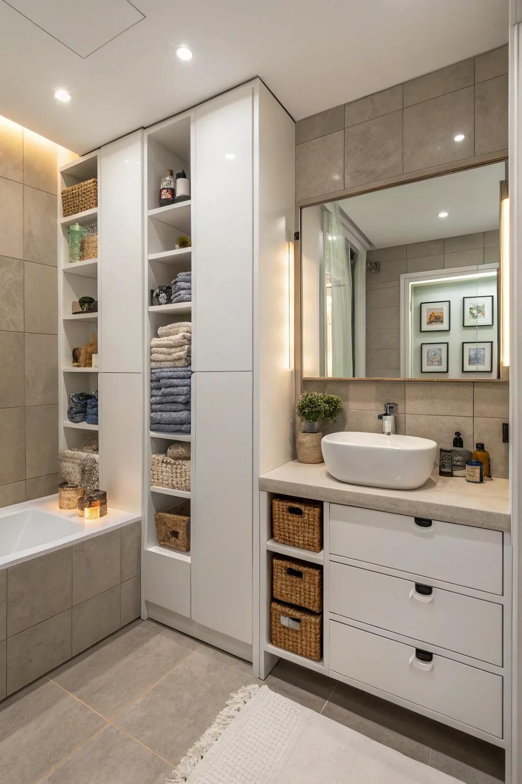 Bathroom showcasing creative storage solutions to uphold a clutter-free ambiance.