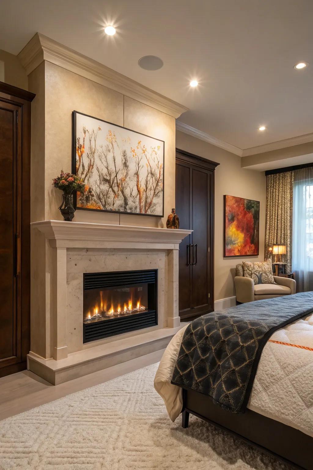 The artistic mantelpiece, adorned with bold artwork, is a conversation starter in the bedroom.