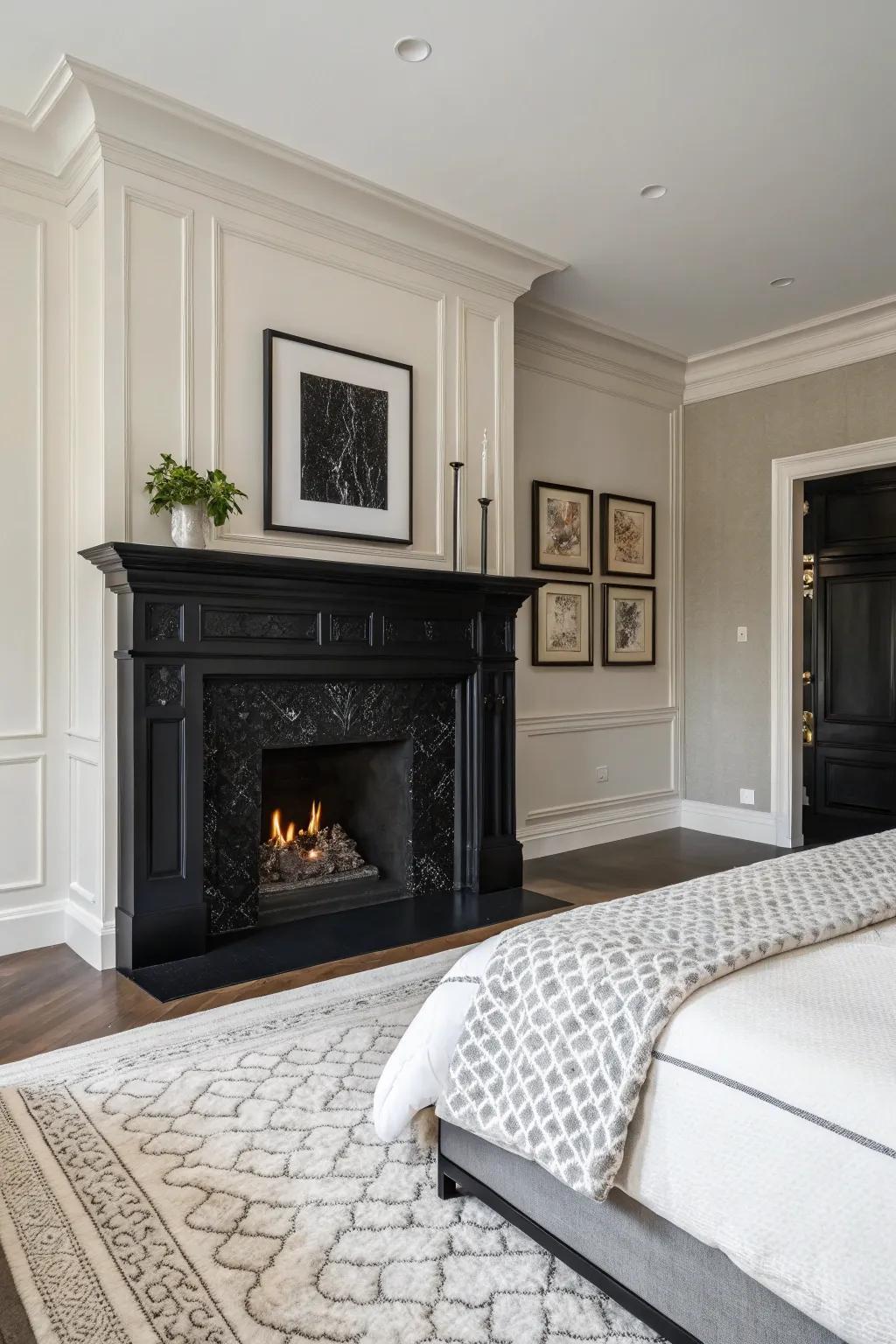 A black firebox injects bold drama into any bedroom.
