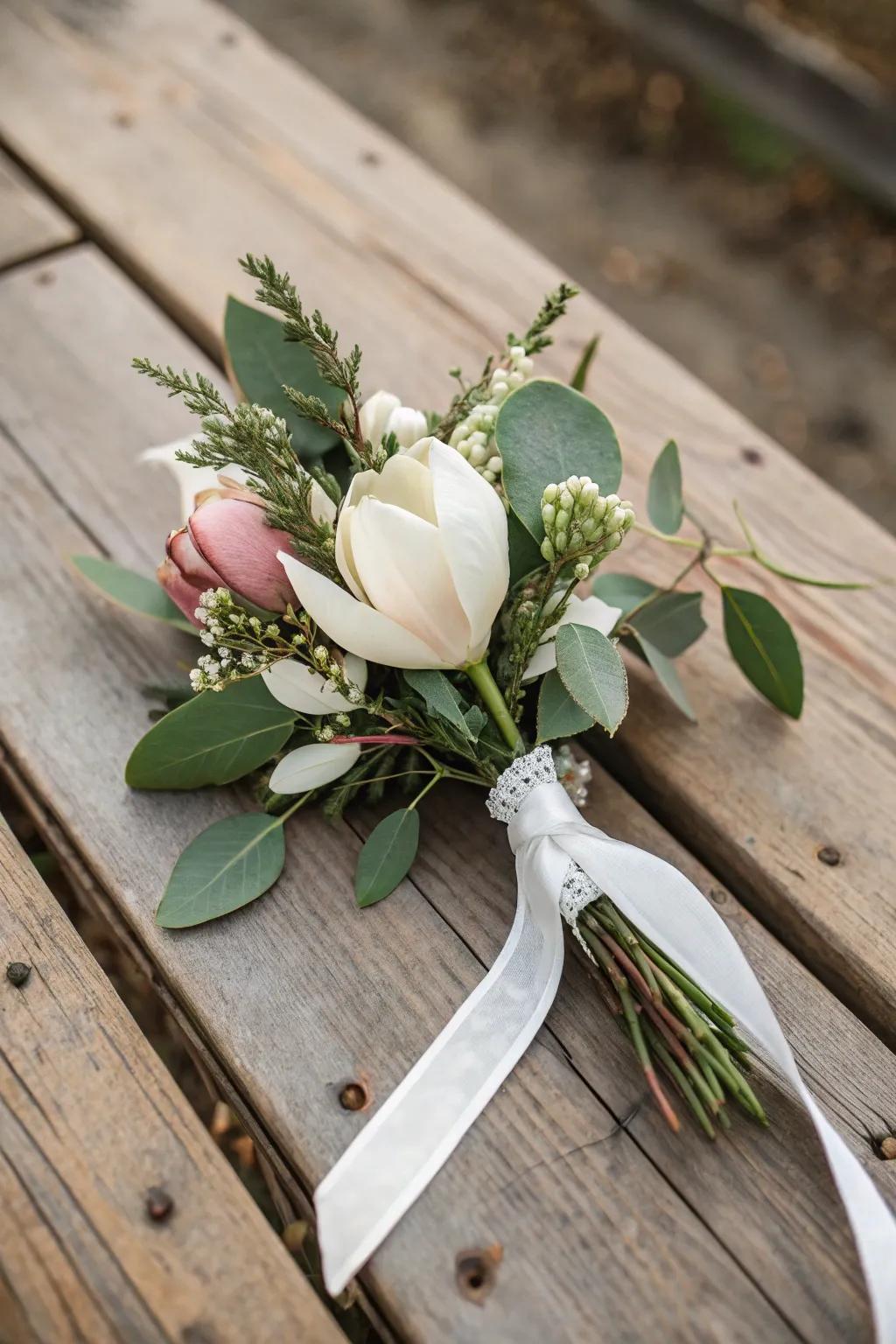 Magnolia boutonnieres bring southern elegance.