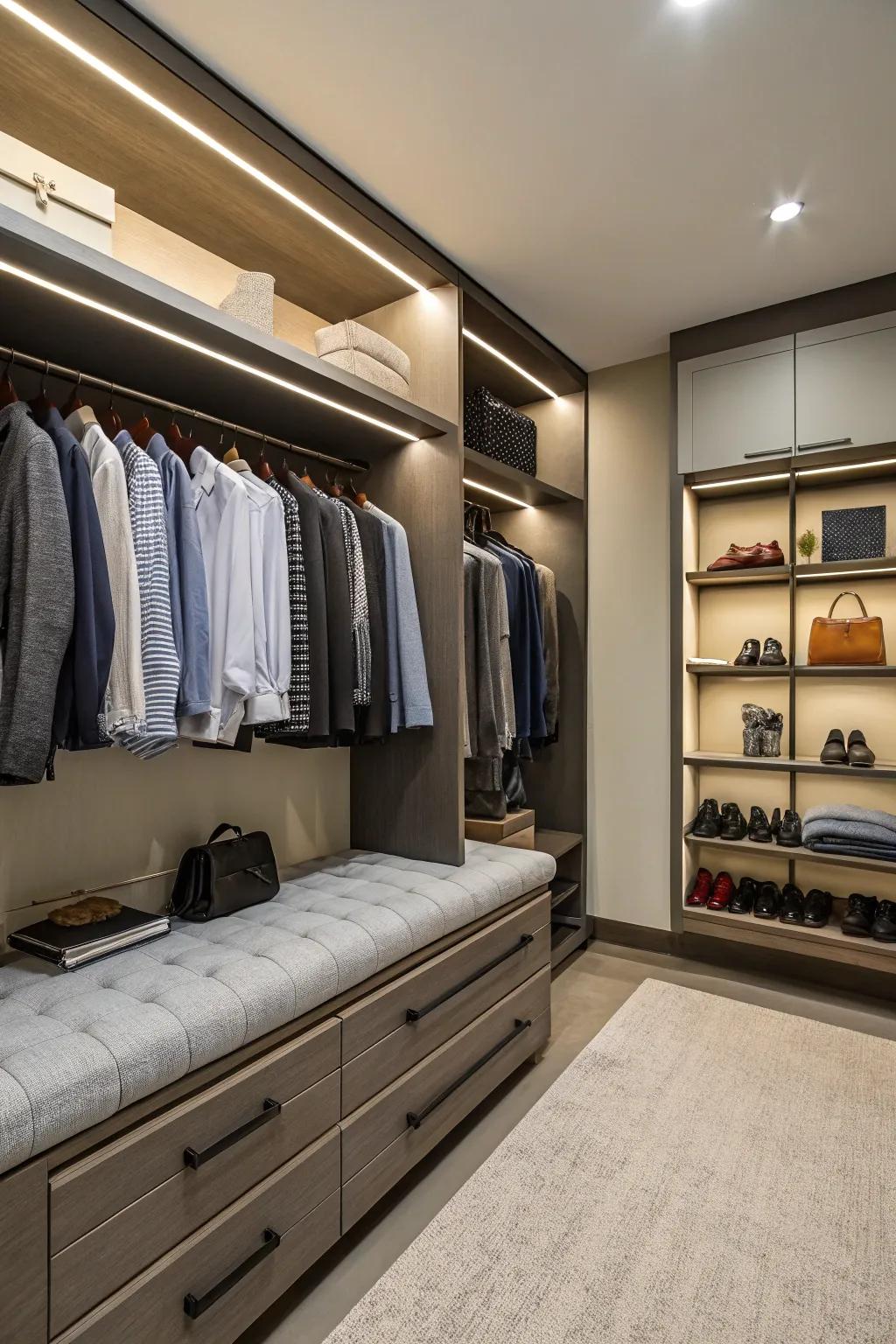 A cozy sitting spot that enhances the closet’s use.