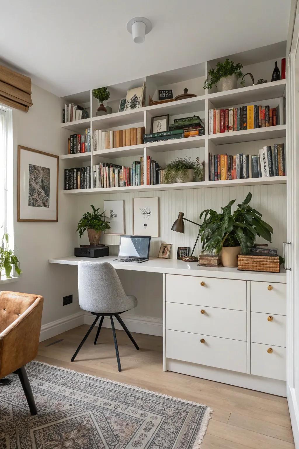 Visible shelving provides both storage and a chance to display personal touches.