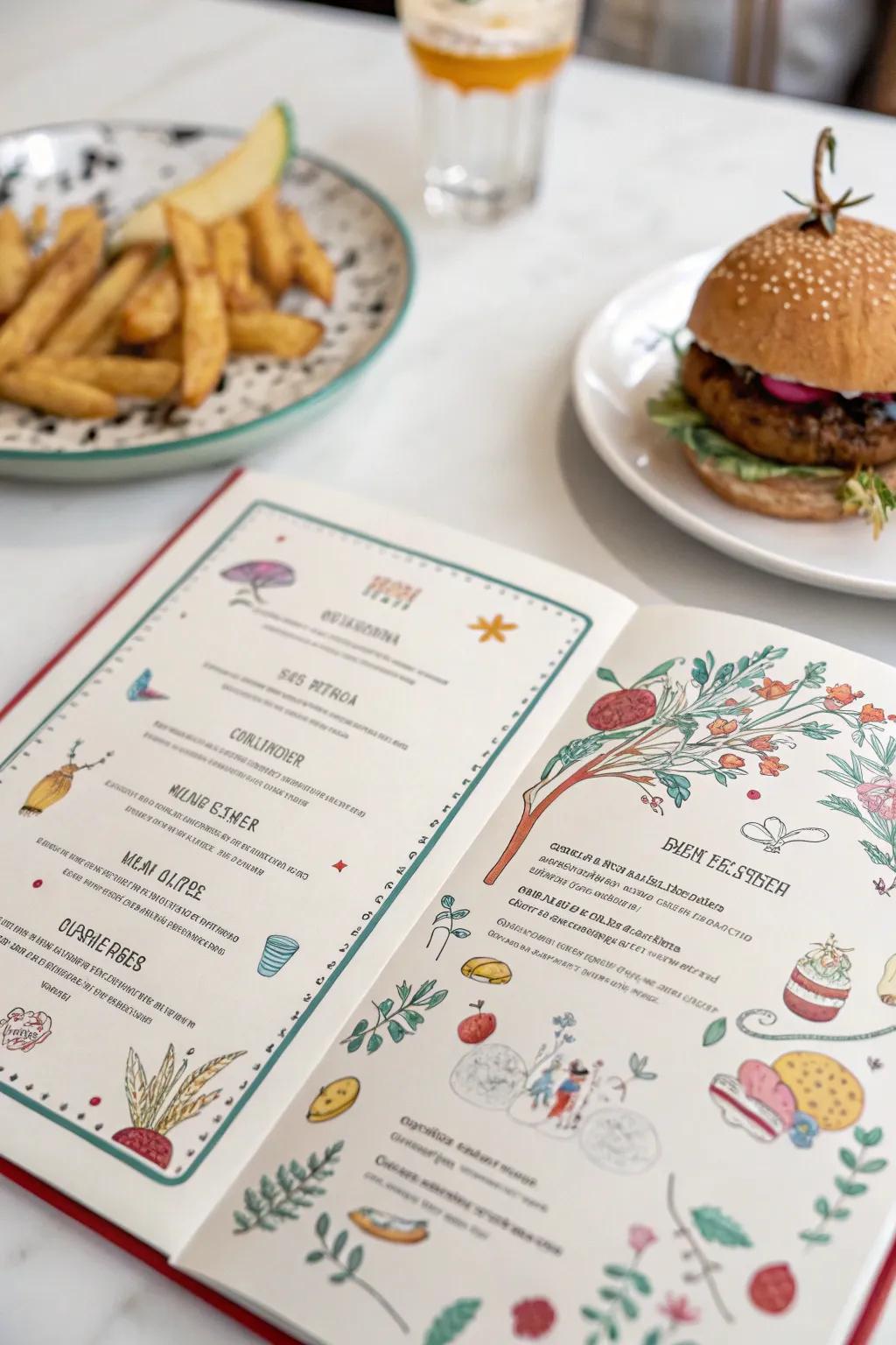 Drawn specifics bring a personal touch to menu layout.