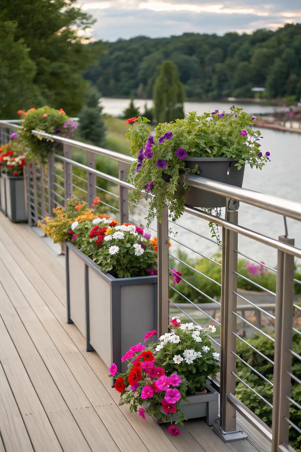 Integrated greenery adds life and color to metal guardrails.