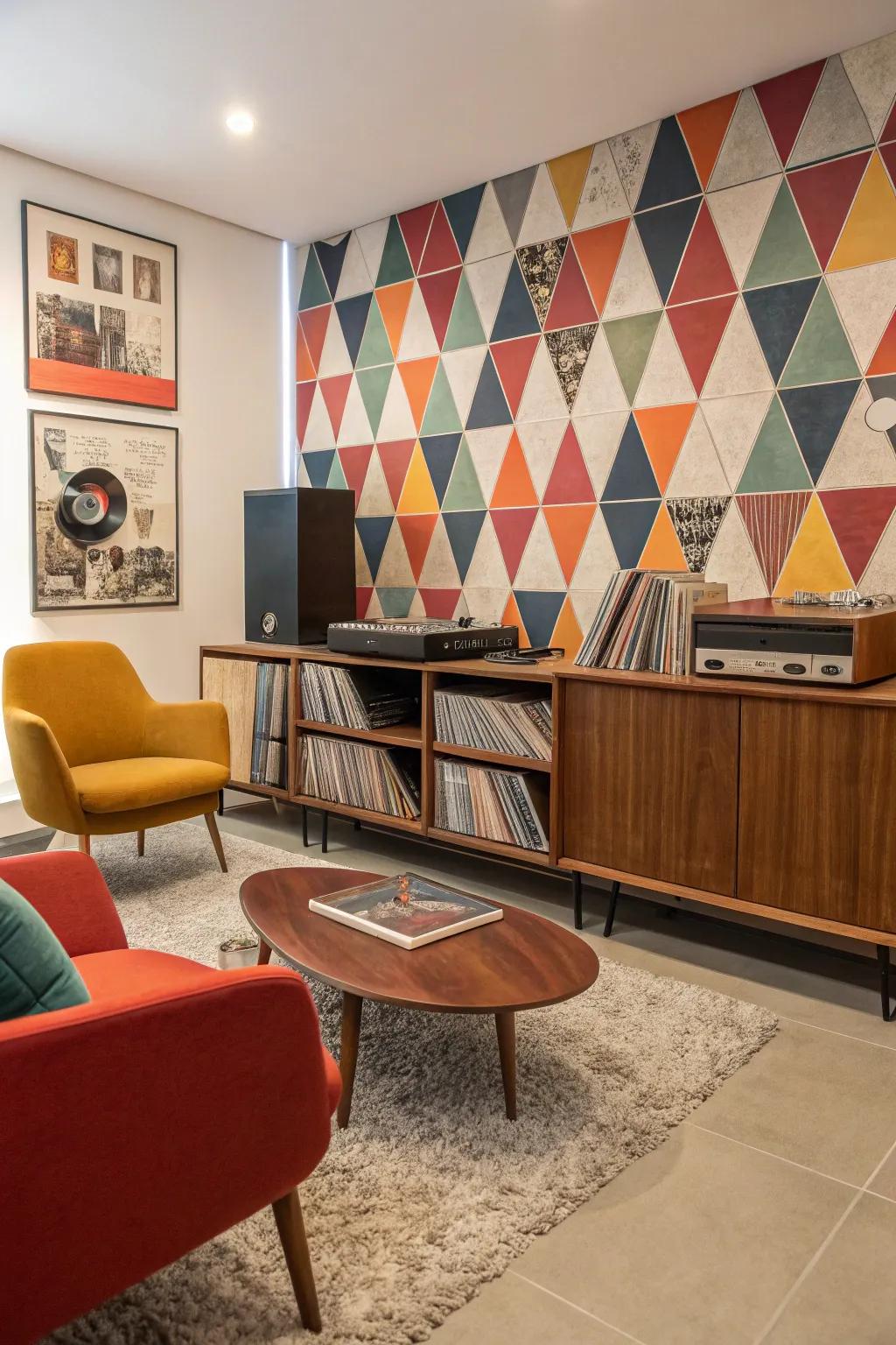 A vinyl collection on display adds a retro and personal touch to this mid-century modern living space.