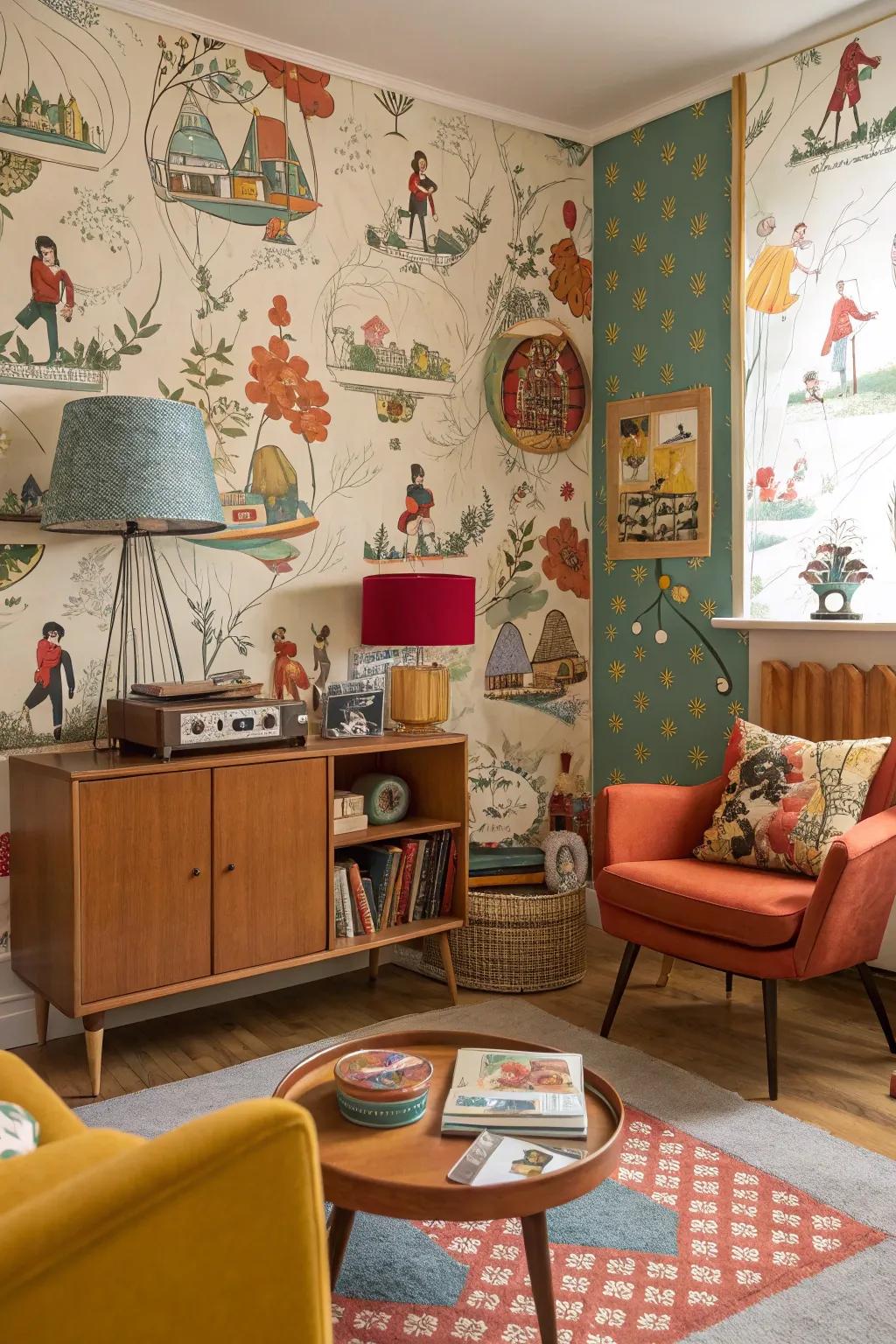 Creative space with nostalgic illustrated mid-century wallcovering.