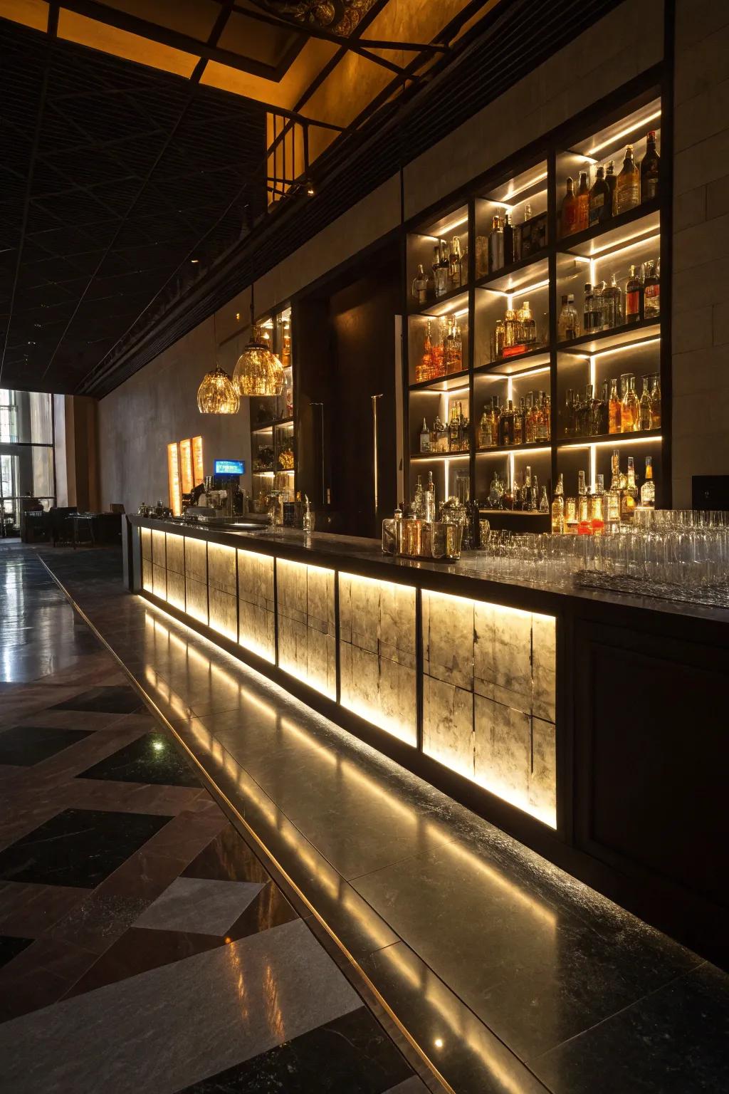 Floor lighting enriches the home bar with drama and depth.