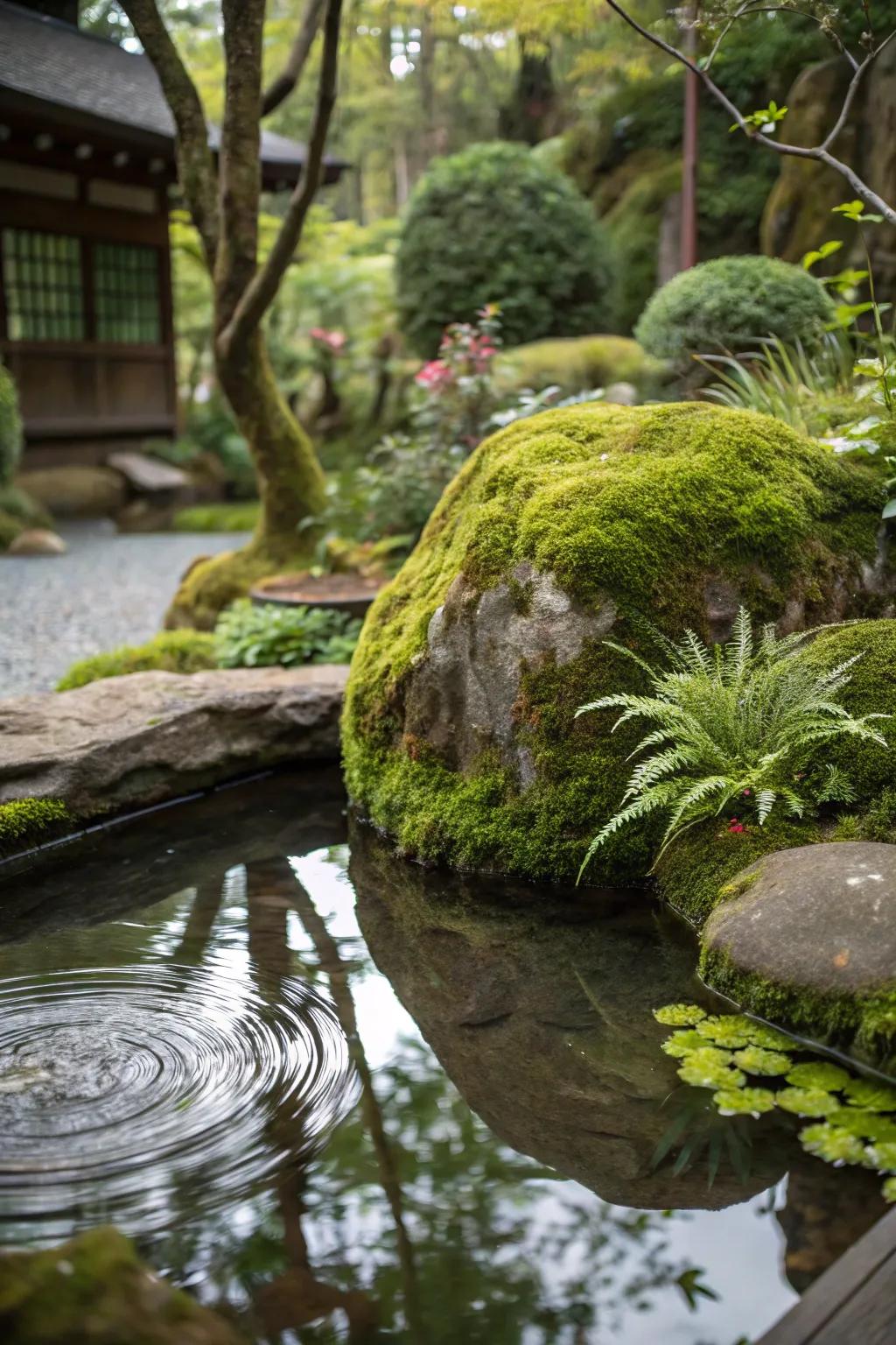 Fuzz-covered stones add a classic feel to a mini pond.