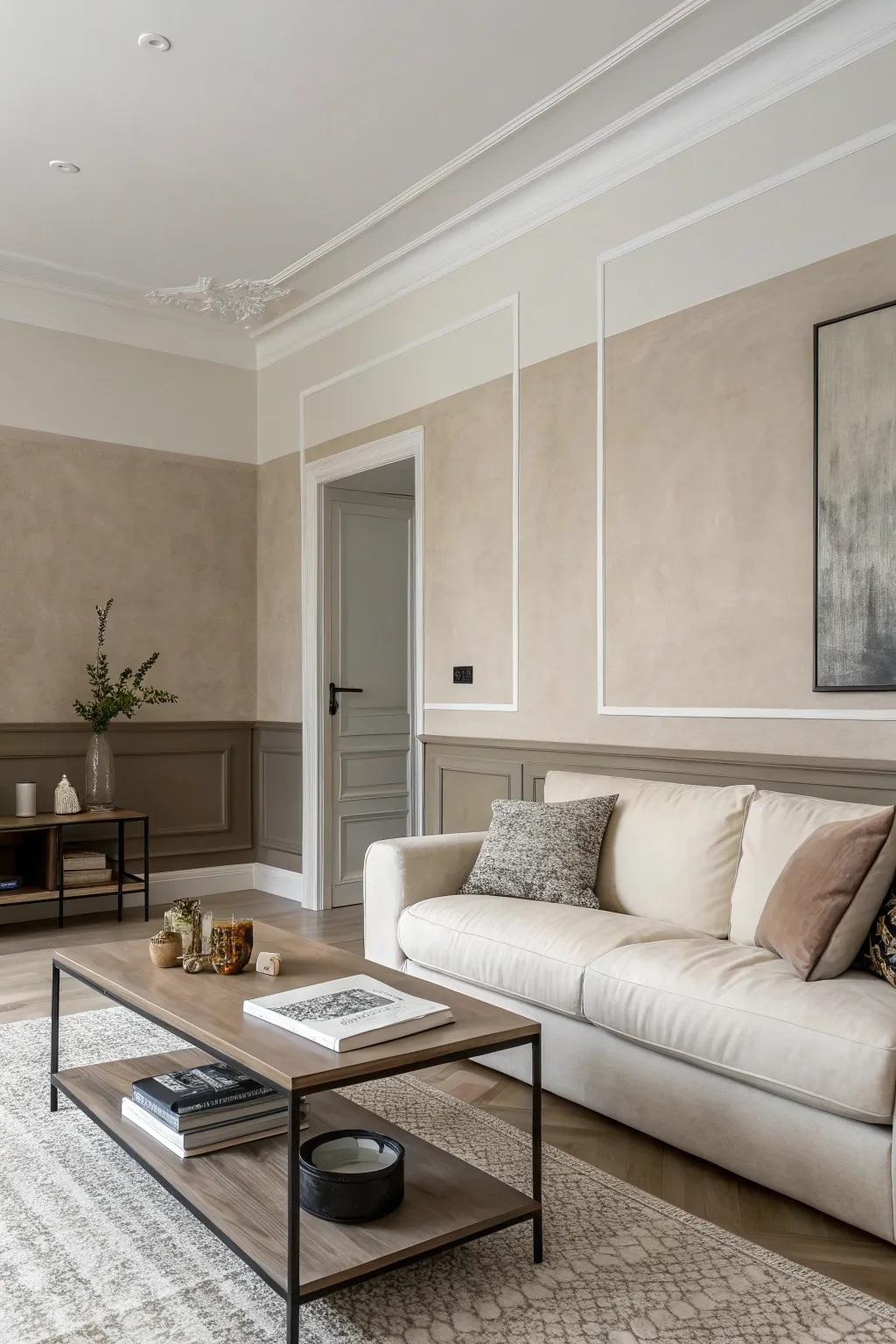 Bipartite walls infuse depth and intrigue while retaining minimalist simplicity.