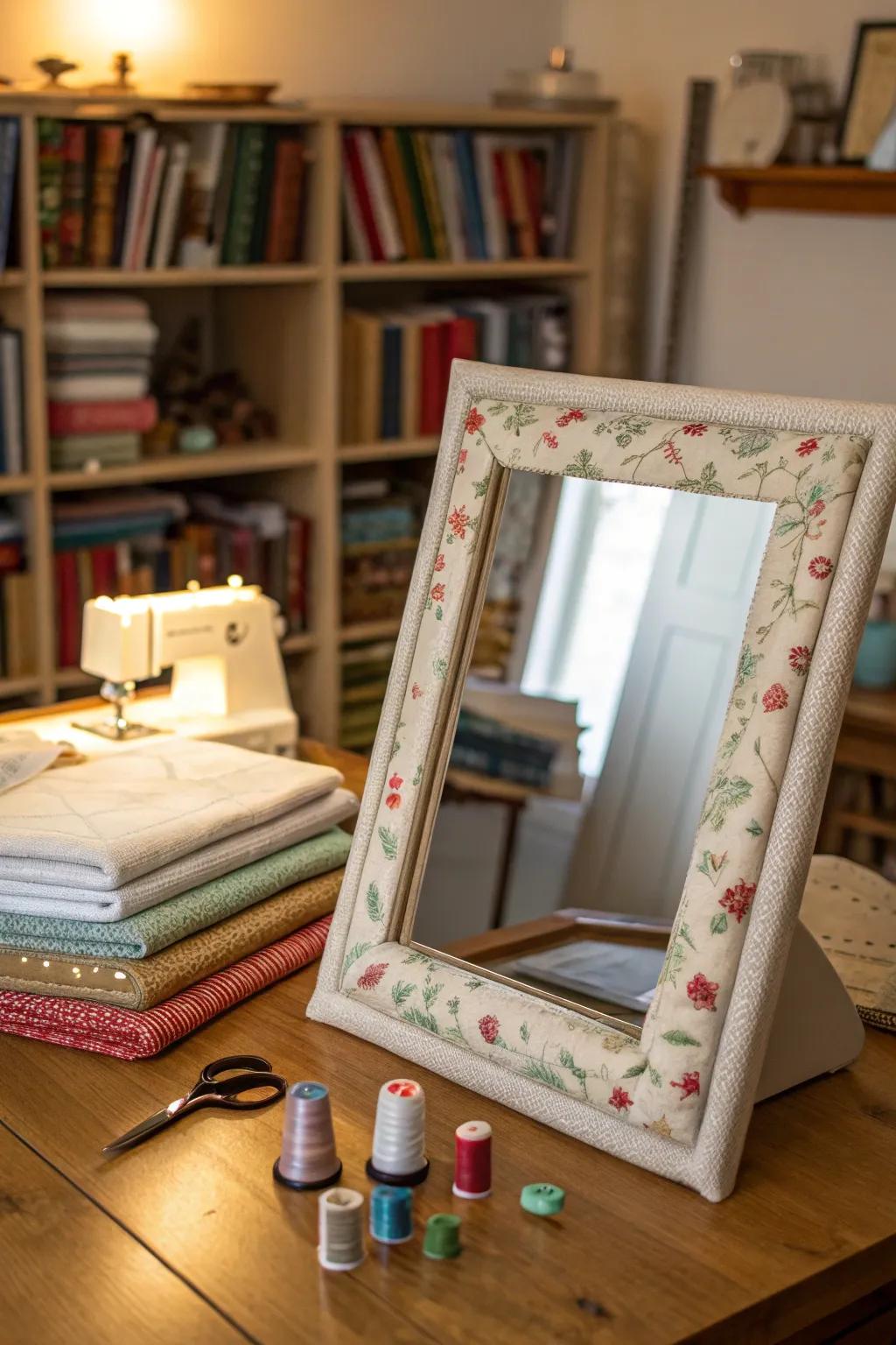 A textile-framed mirror adds texture and personality to a sewing room.