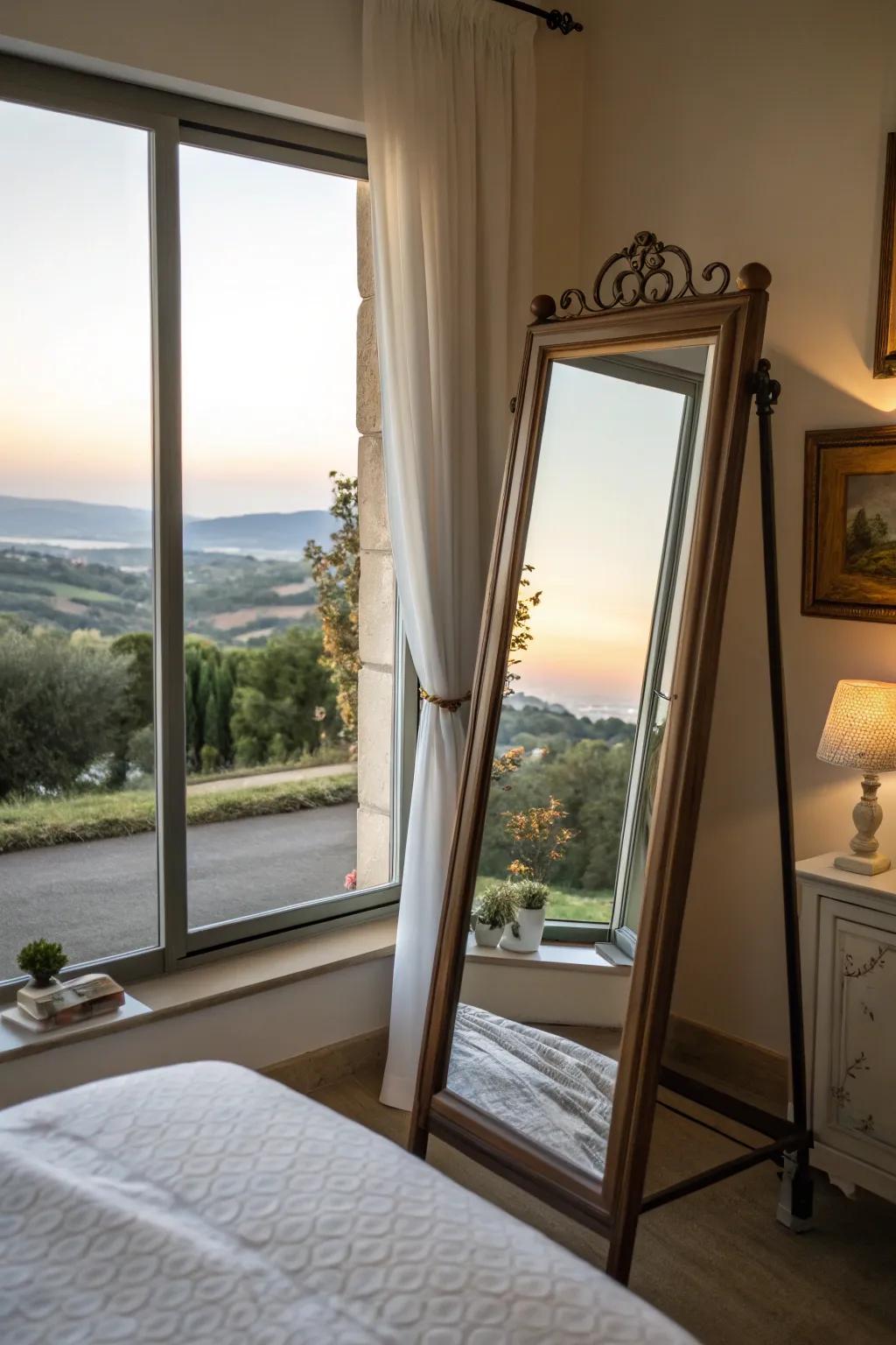 Mirrors reflecting views bring outdoor beauty indoors and amplify light.