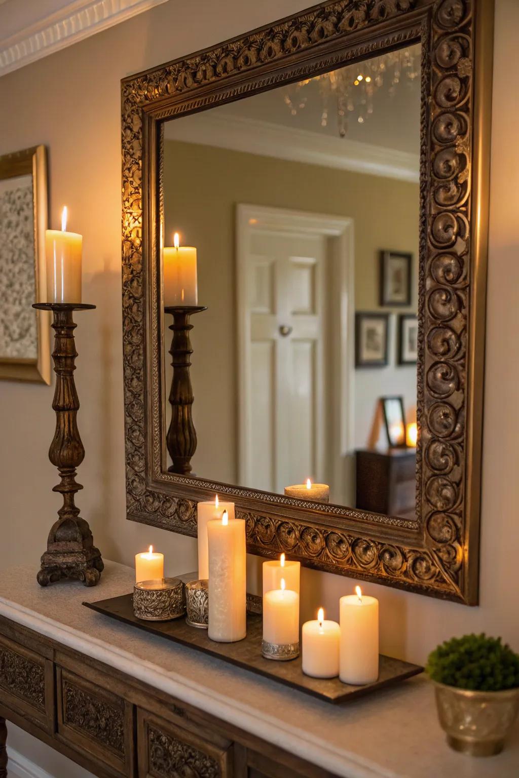 An ornamental mirror complemented by a candle ledge, conceived for a warm, inviting atmosphere.
