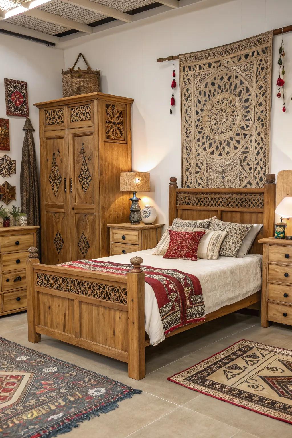 International inspirations enrich the bedroom's design.