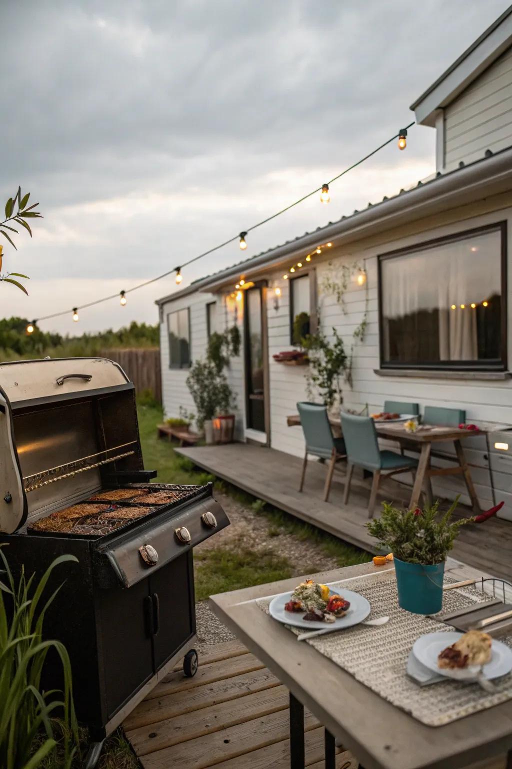 An outdoor cooking spot featuring a cooker and dining area, heightening outdoor cooking and dining escapades.