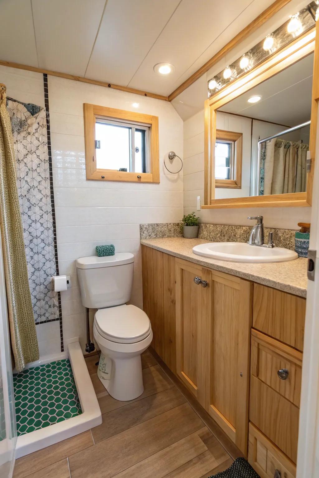 Eco-conscious fixtures and substances elevate this bathroom’s blueprint.