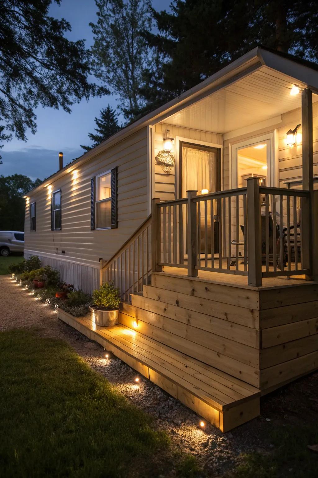 Built-in lighting in wood skirting adds a touch of magic to your mobile home.
