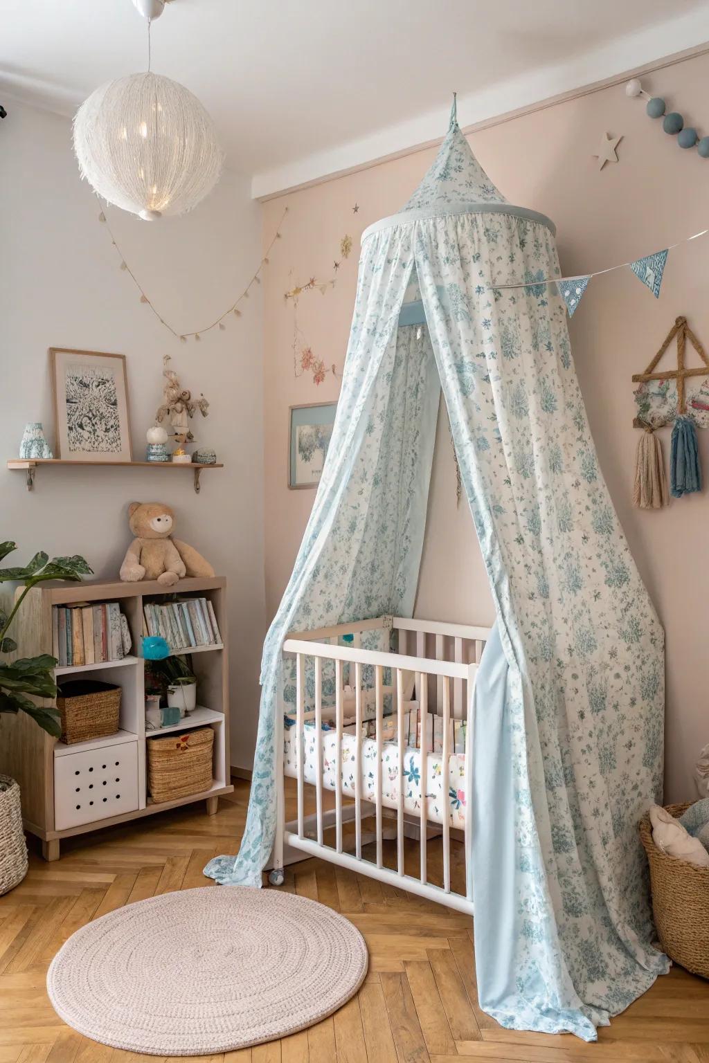 A dreamy canopy adds a magical touch to the cot.