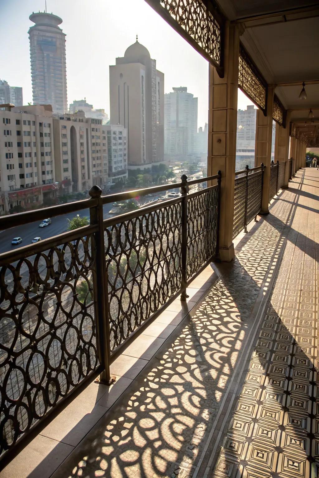 Balcony border with patterned metal sheets and a cityscape backdrop