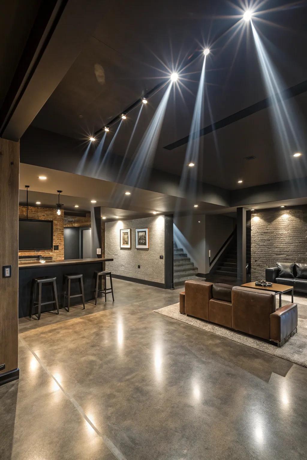 Adaptable spotlights craft dynamic lighting effects, ideal for a varied space.