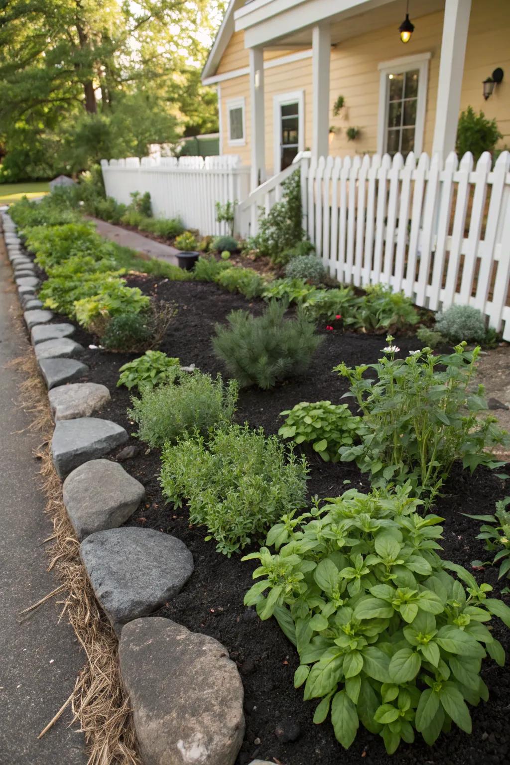 A modern aromatic garden bordered with dark stones.