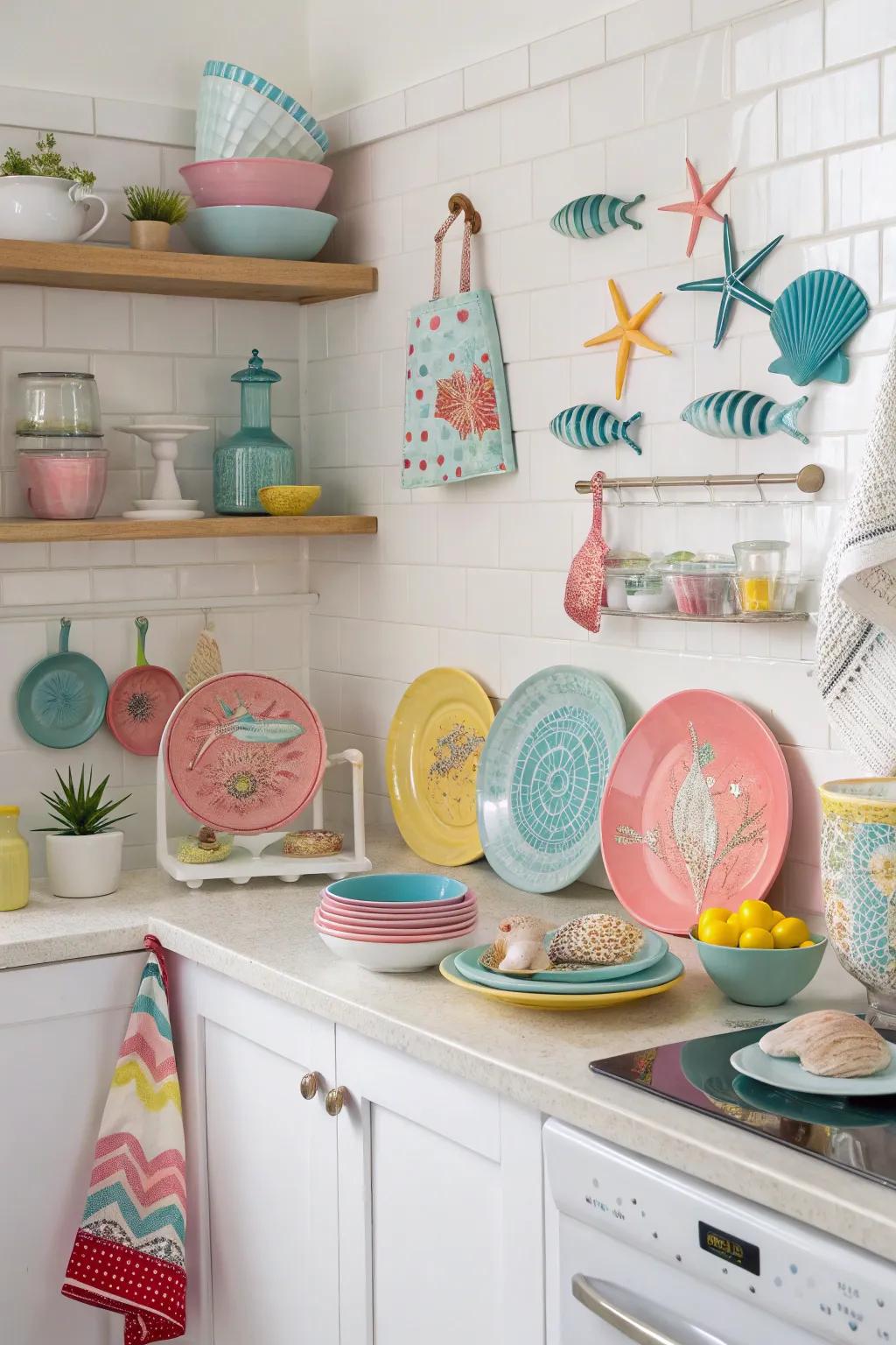 Colorful accoutrements append a playful stroke to this coastal kitchen.