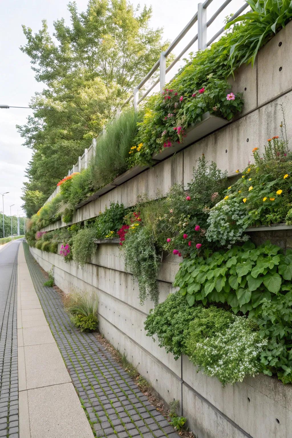 Skyward garden enhancing a concrete wall.