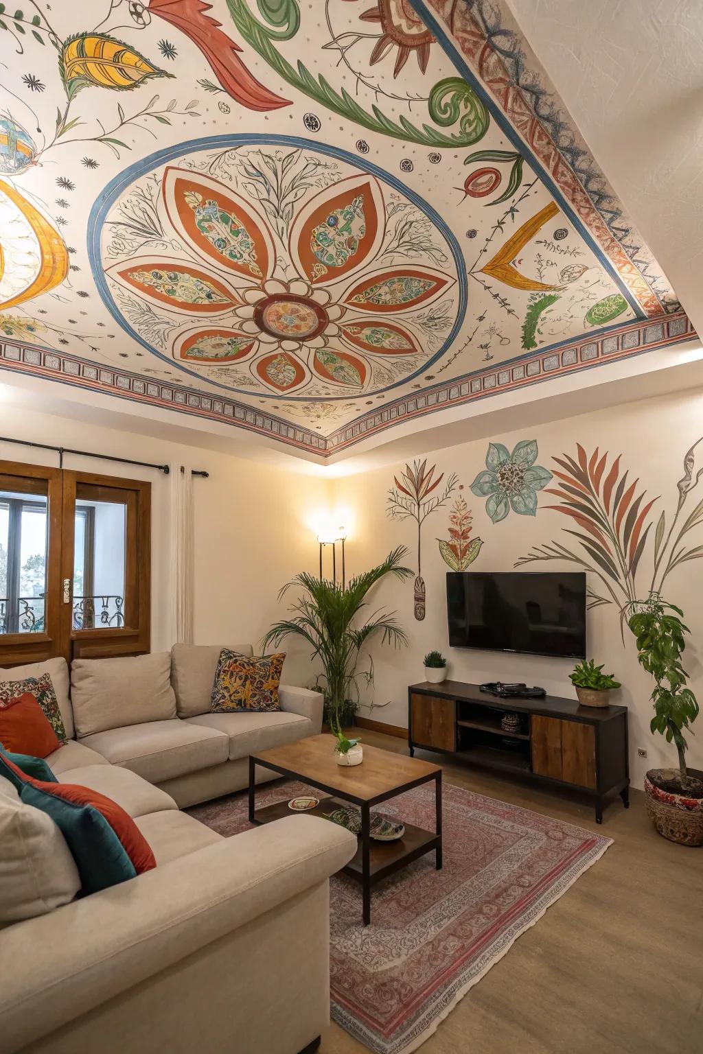 Artistic wall art transforms ceilings into canvases.