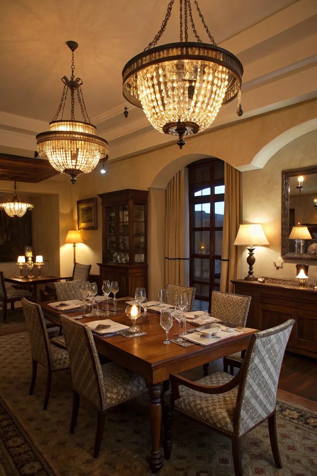 Layered lighting enhances depth and warmth in a dining room.