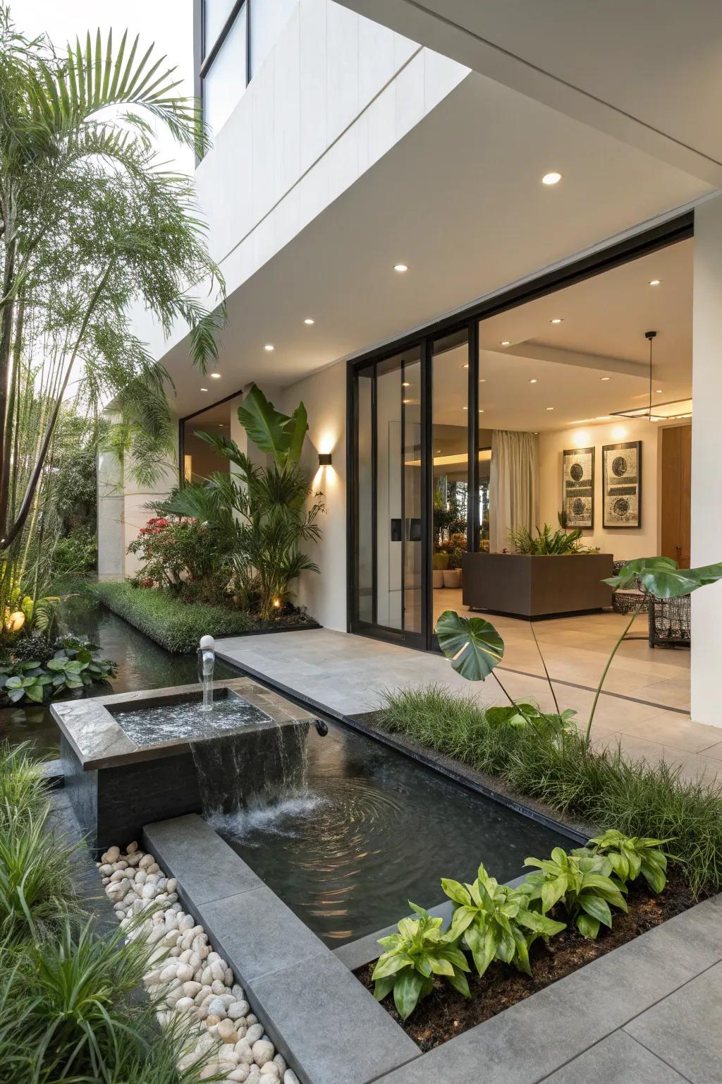 Water features enhance the sensory experience at the entry.