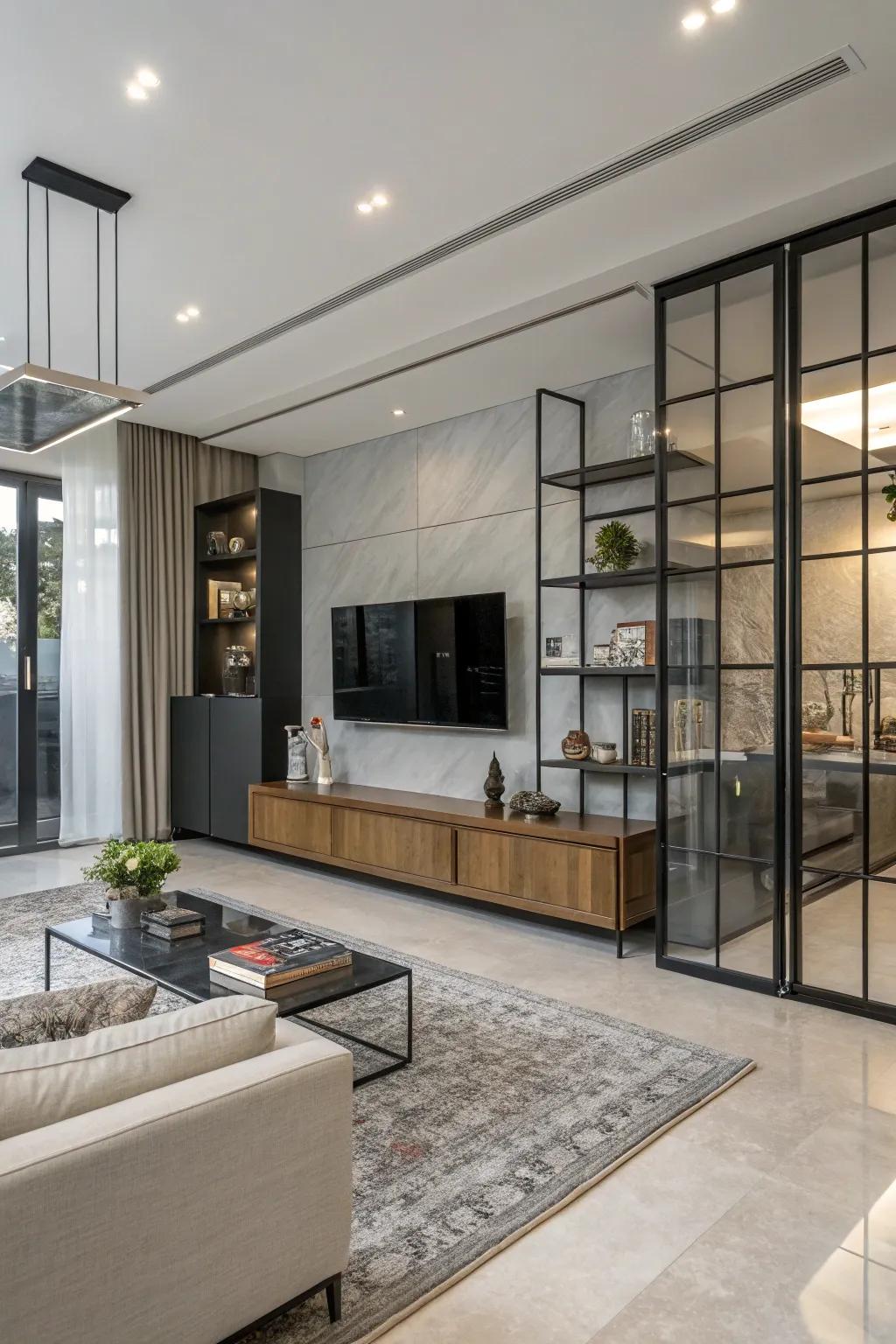 Unexpected material choices that elevate the design of a contemporary family room.