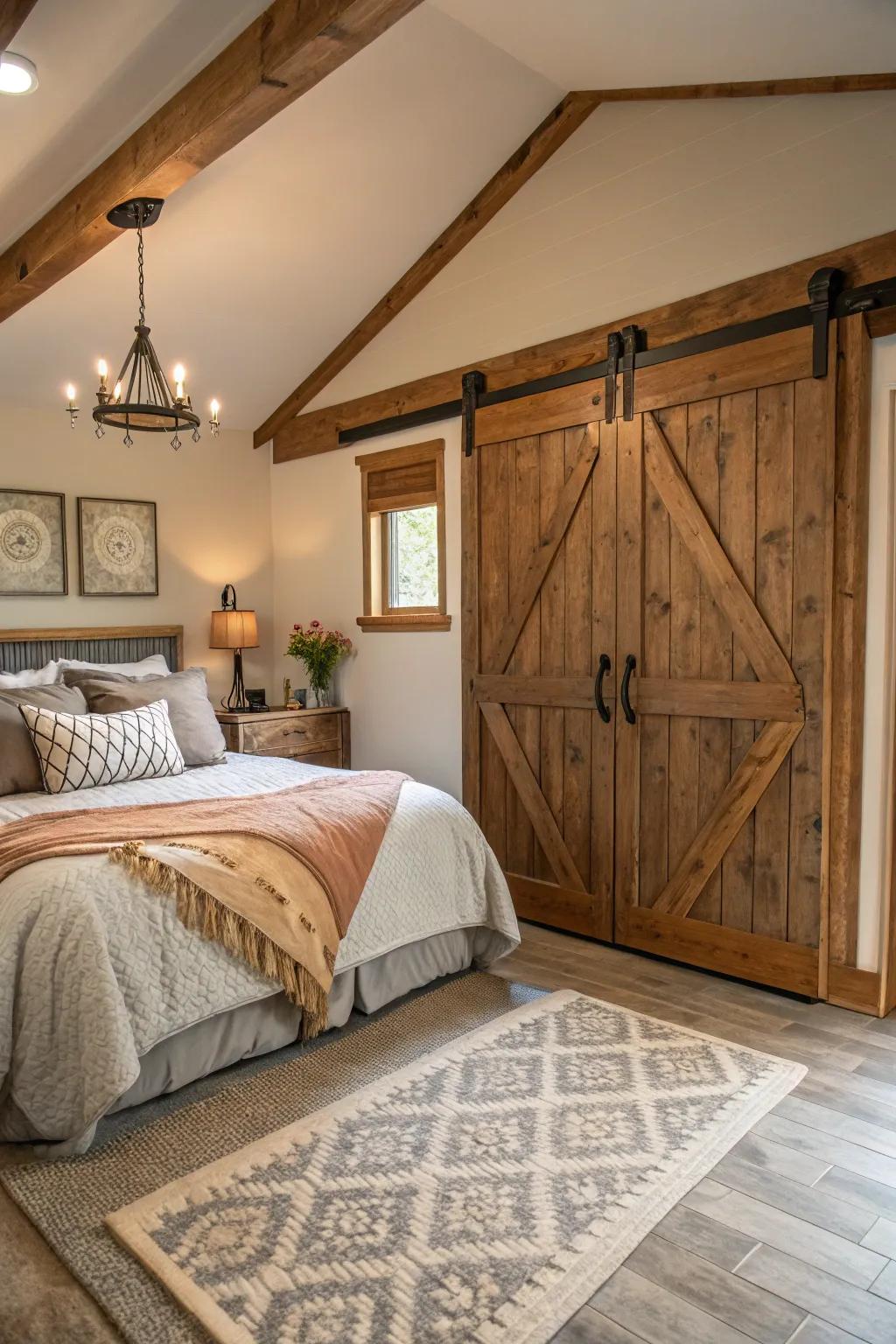 Barn entrances infuse rustic appeal and functionality into this modern farmhouse boudoir.
