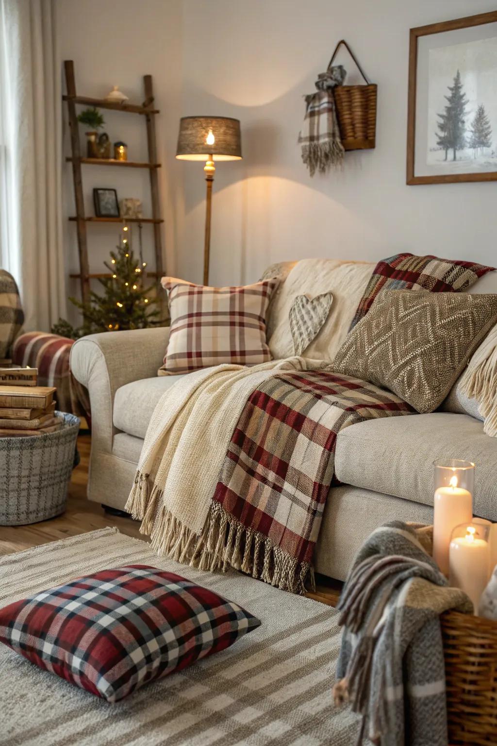 Farmhouse-inspired fabrics contribute a classic touch to the modern lounge.