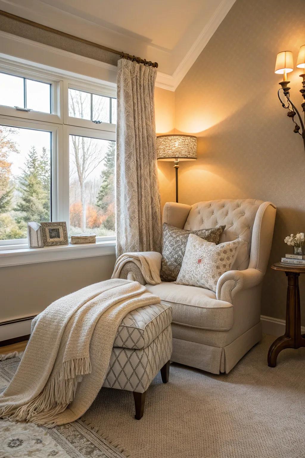 A reading nook presents a personal escape and adds to the chamber’s charm.