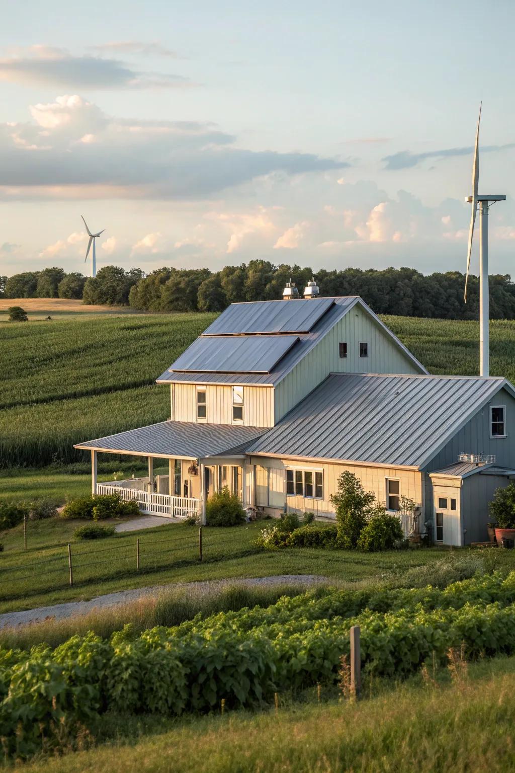 Eco-conscious design: A sustainable metal top on a modern farmhouse.