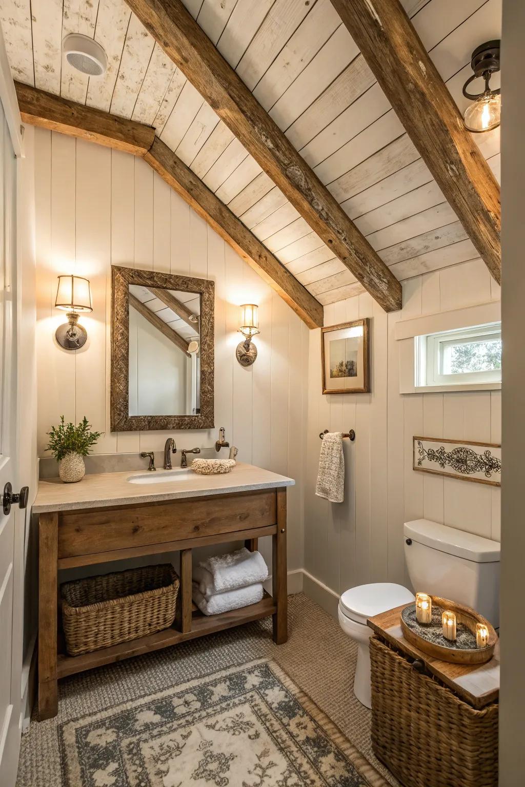 Shiplap ceiling with rustic beams in a washroom.