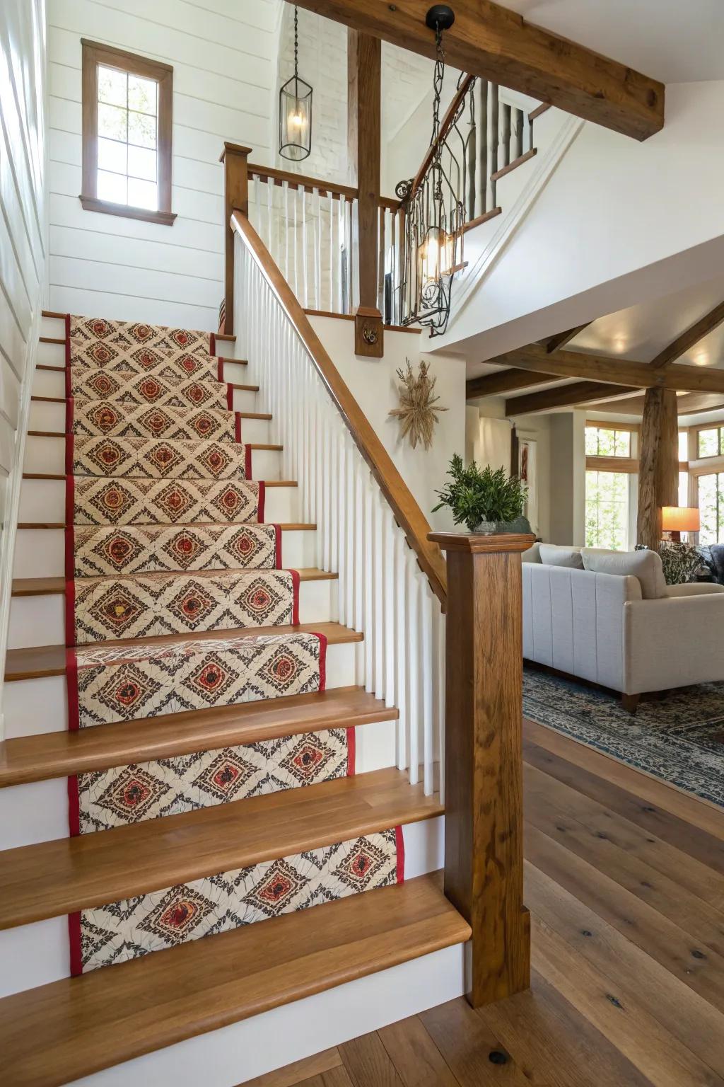 A staircase with a patterned runner, adding comfort and visual interest.