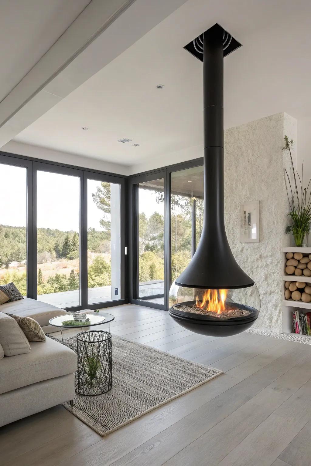 A clear suspended firebox provides a sleek and unobstructed view of the fire.