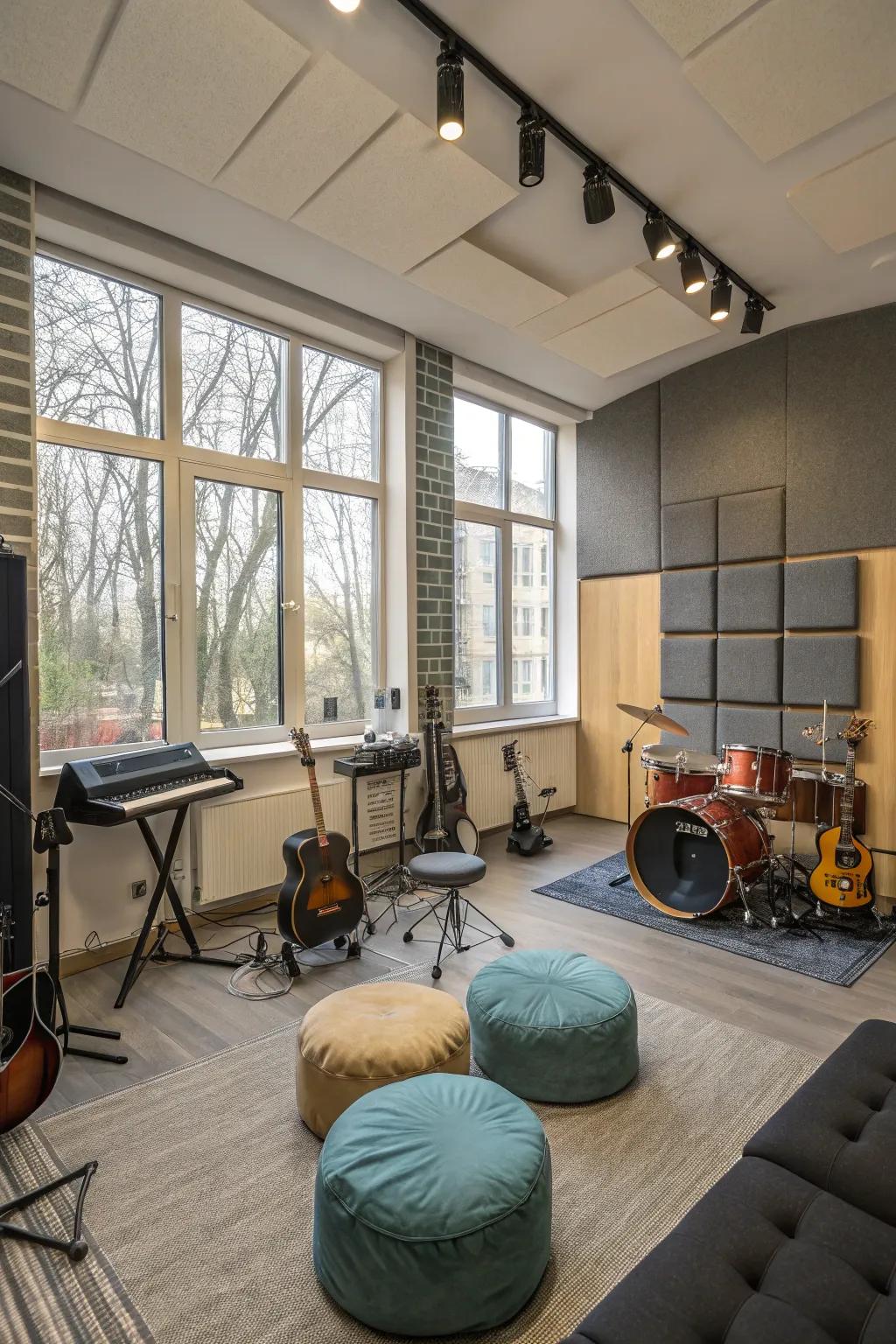 A music corner that’s ready for jam sessions.