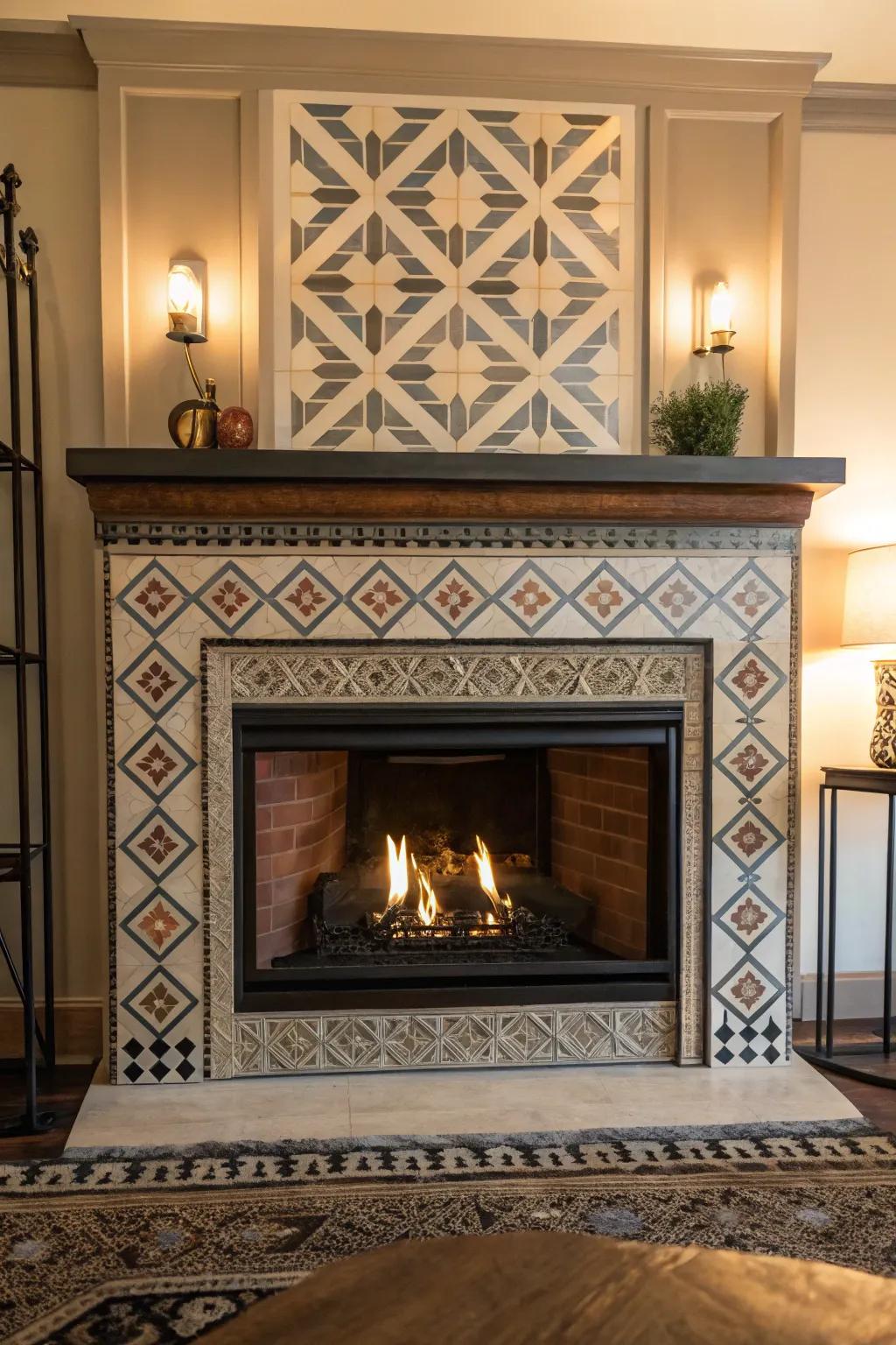 Geometric patterns add visual intrigue to a gas fireplace.