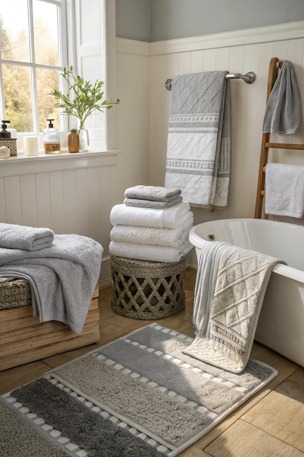 Combining textiles brings texture and comfort to the bathroom.