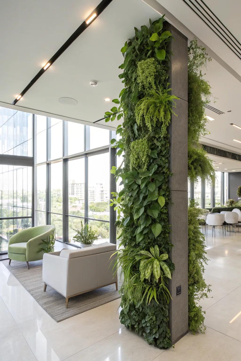 A contemporary interior featuring a vertical garden.