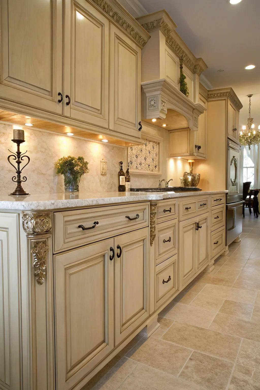 Understated ornamental details amplify the elegance of light oak cabinets.