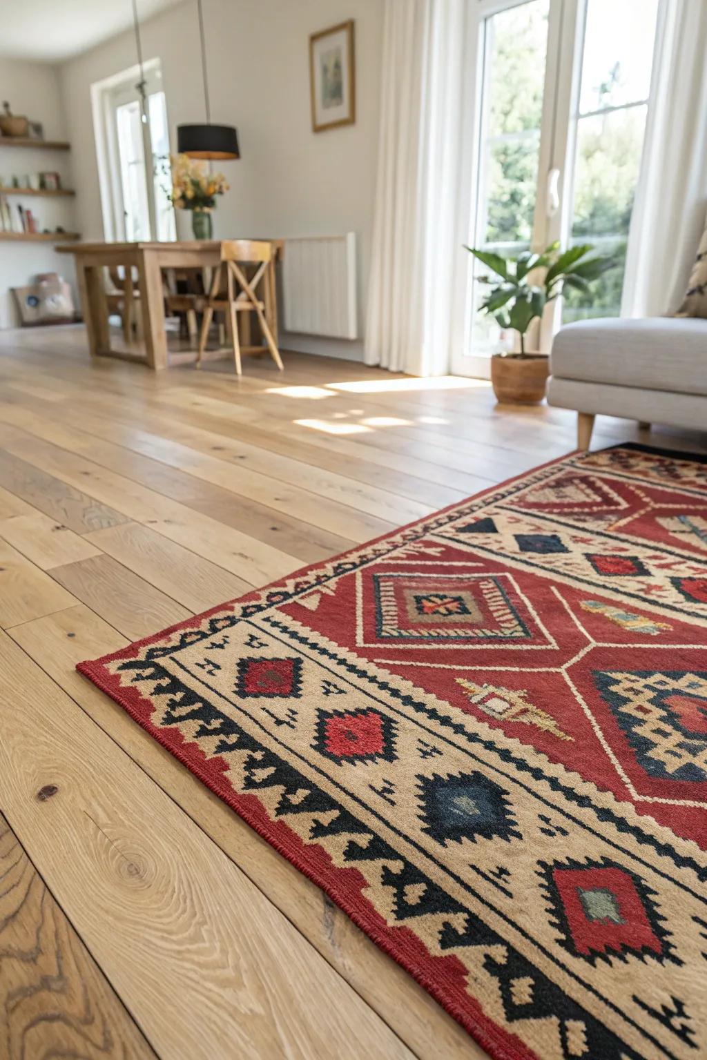 Rugs with patterns add depth and interest to bright wooden floors.