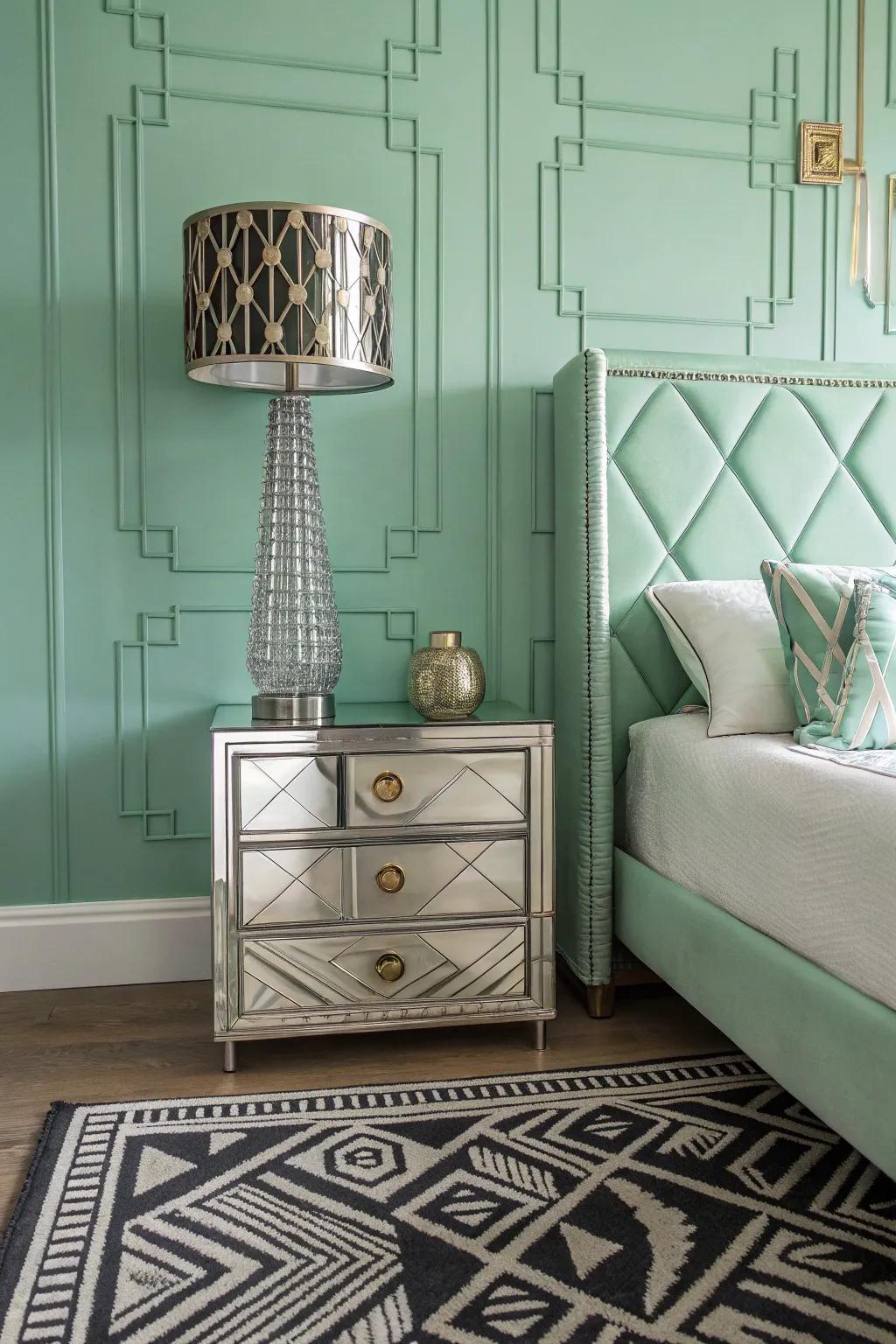 Art Deco elements in a seafoam serenity bedroom.